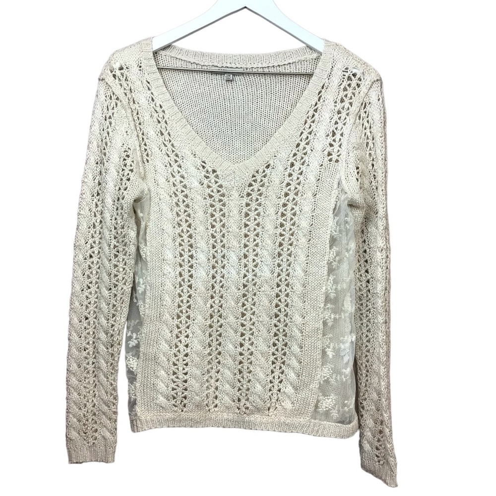 Cozy Casual Open Knit Lace Trim Ivory V Neck Sweater Women Sz S M